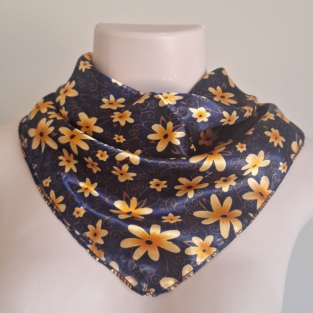 Satin Navy Blue And Yellow Floral Scarf